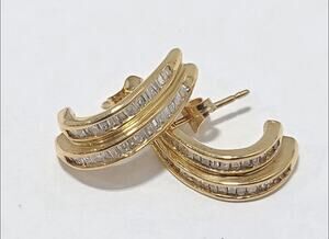 10K Yellow Gold Double Row Baguette DIAMOND Earrings Designer CL Cuff Huggies